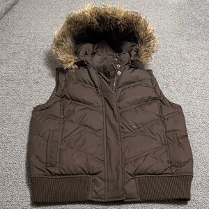 Women’s Brown Puffer Vest with Faux Fur Hood